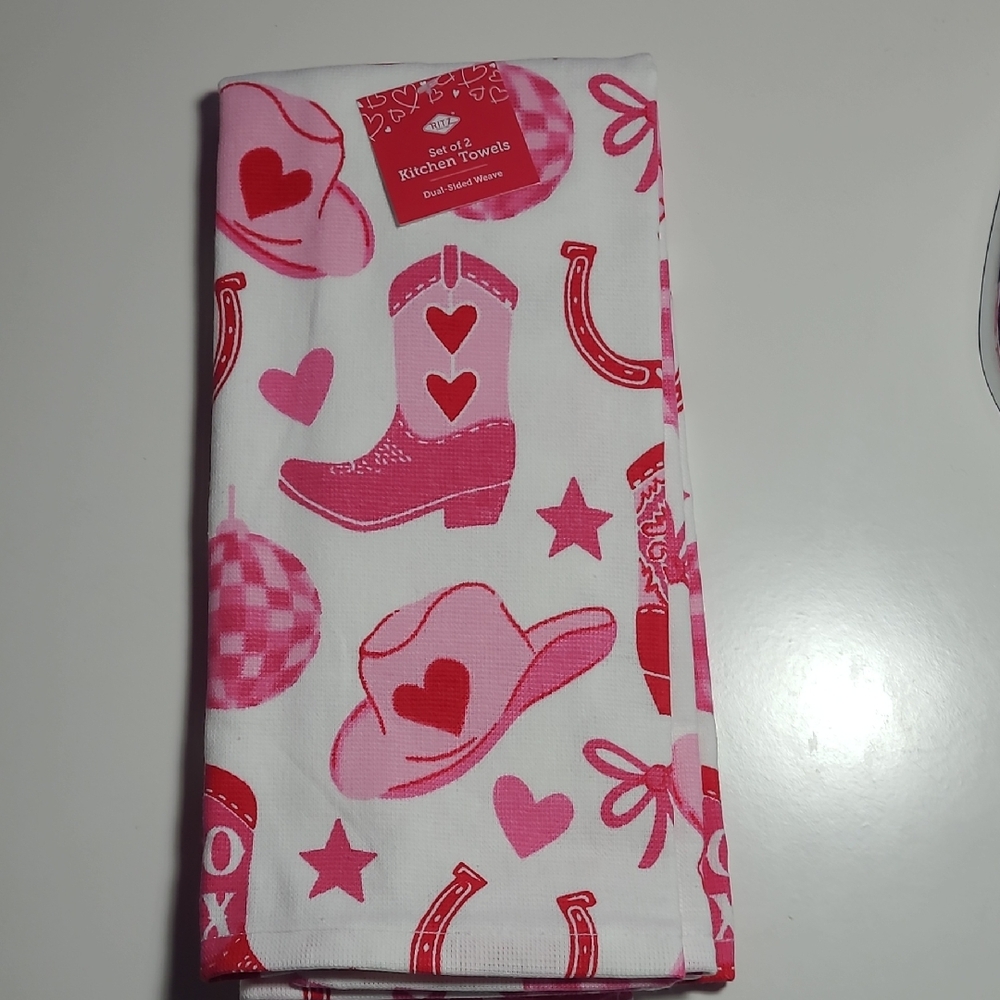 Rodeo Pink  and Red Western Kitchen Boot .Hat  Dish Heart Dish  Towels.new